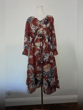 ANTHROPOLOGIE Hemant & Nandita Zeri Bird Floral Peasant Dress Rust Orange
